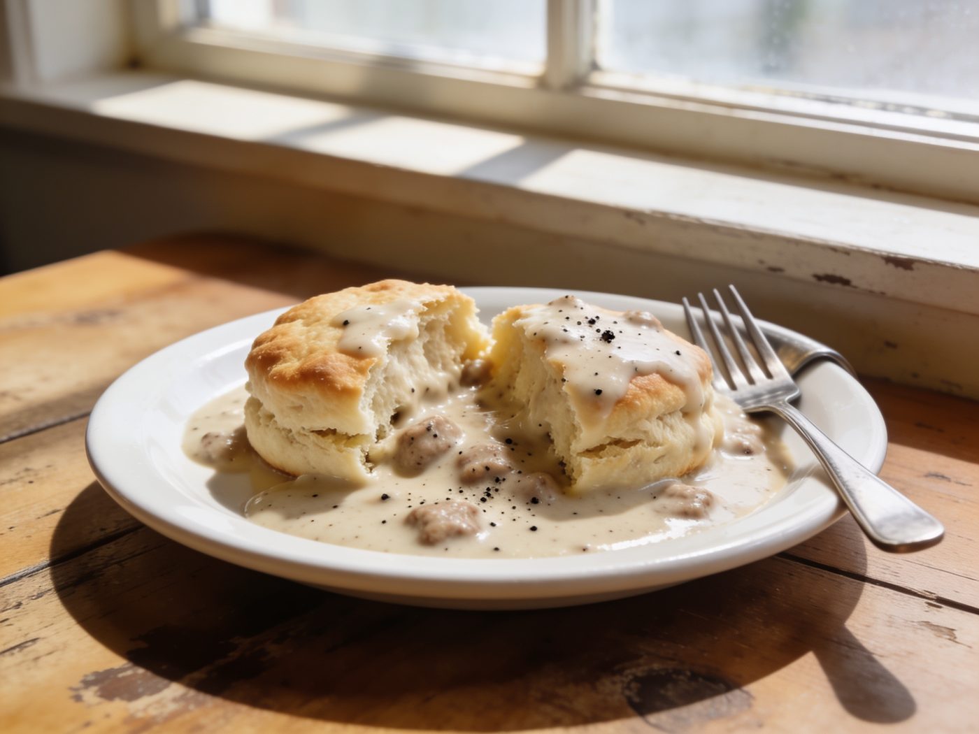 Two split biscuits under thick peppered sausage gravy on a white plate, a fork resting on the rim.