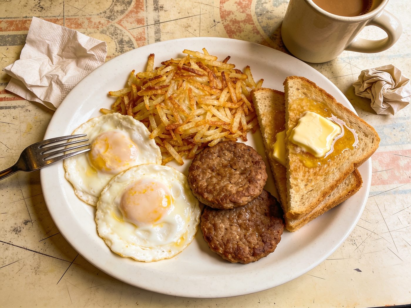 Overhead view of two eggs over easy with hash browns, sausage patties and a split biscuit under sausage gravy on a heavy white plate.