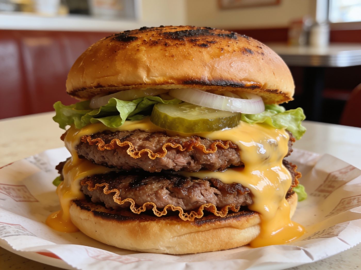 A double cheeseburger on a griddle-toasted bun, melted cheese over the edges of the patties, on a paper-lined plate.