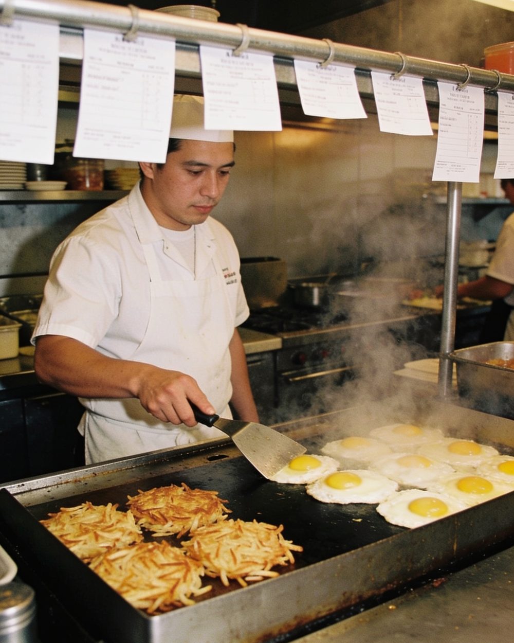 The cook at the flat top in the middle of the breakfast rush, spatula in hand, tickets hanging on the rail above.