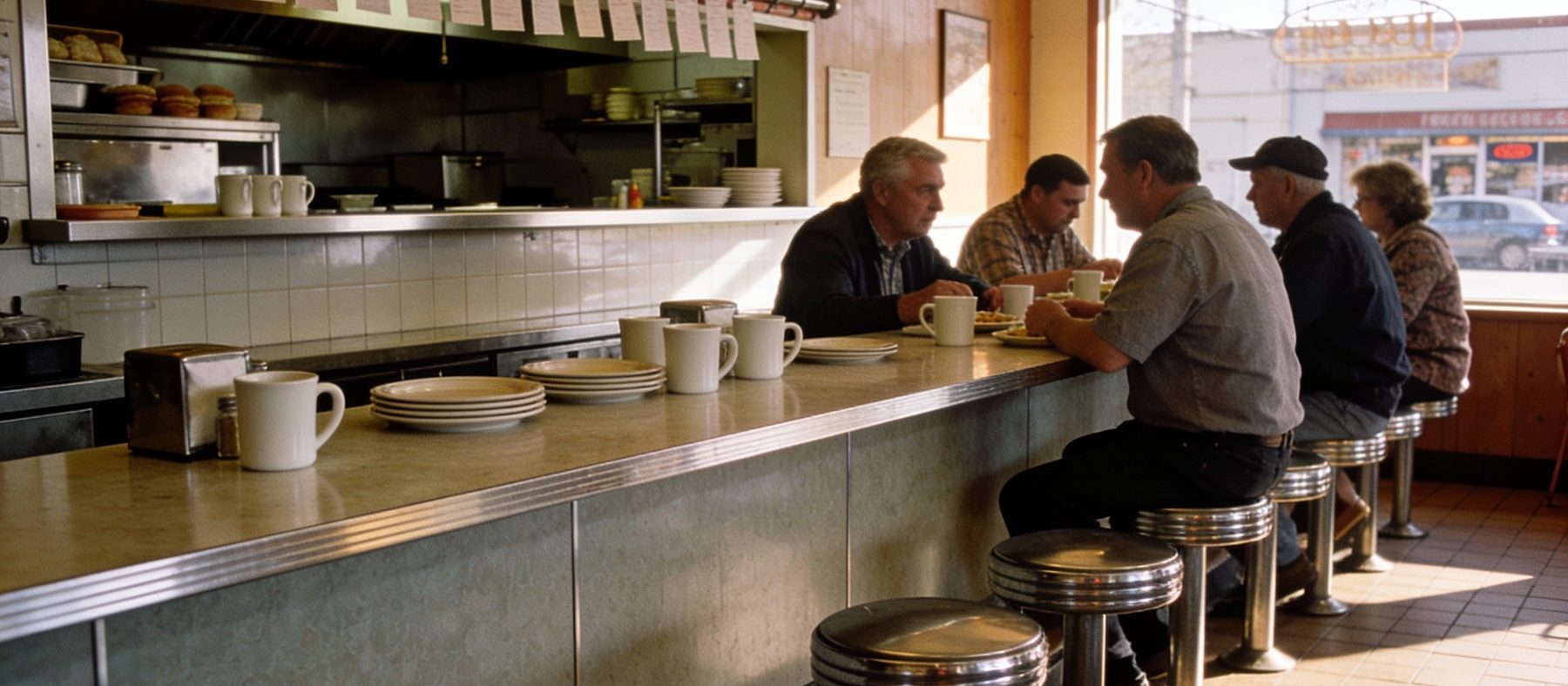 The diner counter at breakfast, chrome-edged stools taken, coffee mugs and plates down the line, order tickets clipped on a rail at the kitchen pass-through.