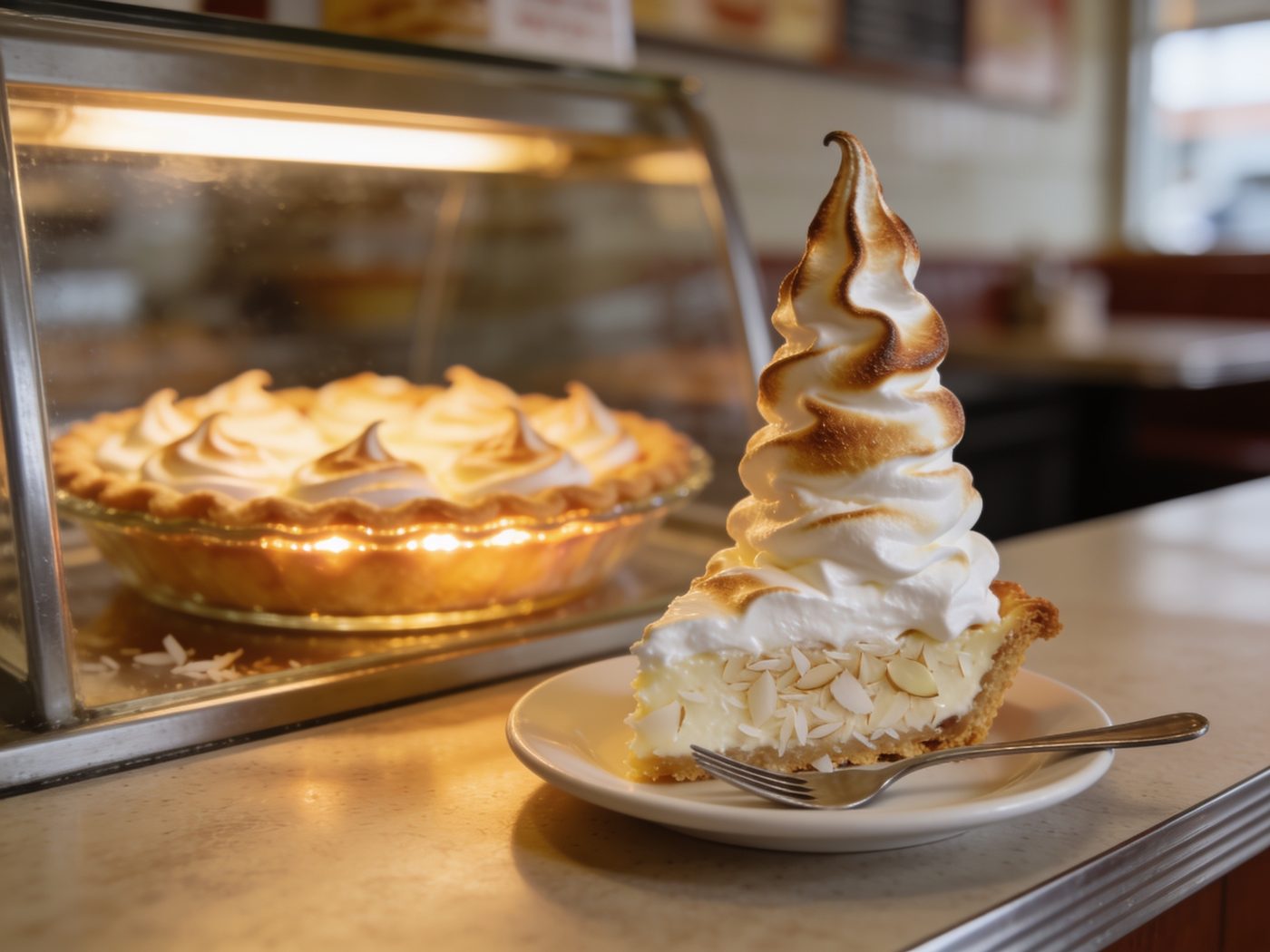 A slice of meringue pie on a small plate with a fork, whole pies visible in the lit glass case behind.