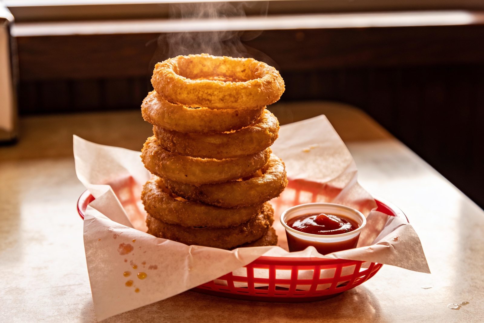 A tall stack of thick hand-battered onion rings in a red plastic basket lined with paper, steam still coming off them.